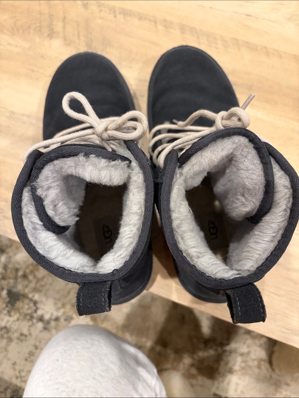 UGG Men's Navy Suede Chukka Boots with light grey laces and fur - Picture 8 of 10